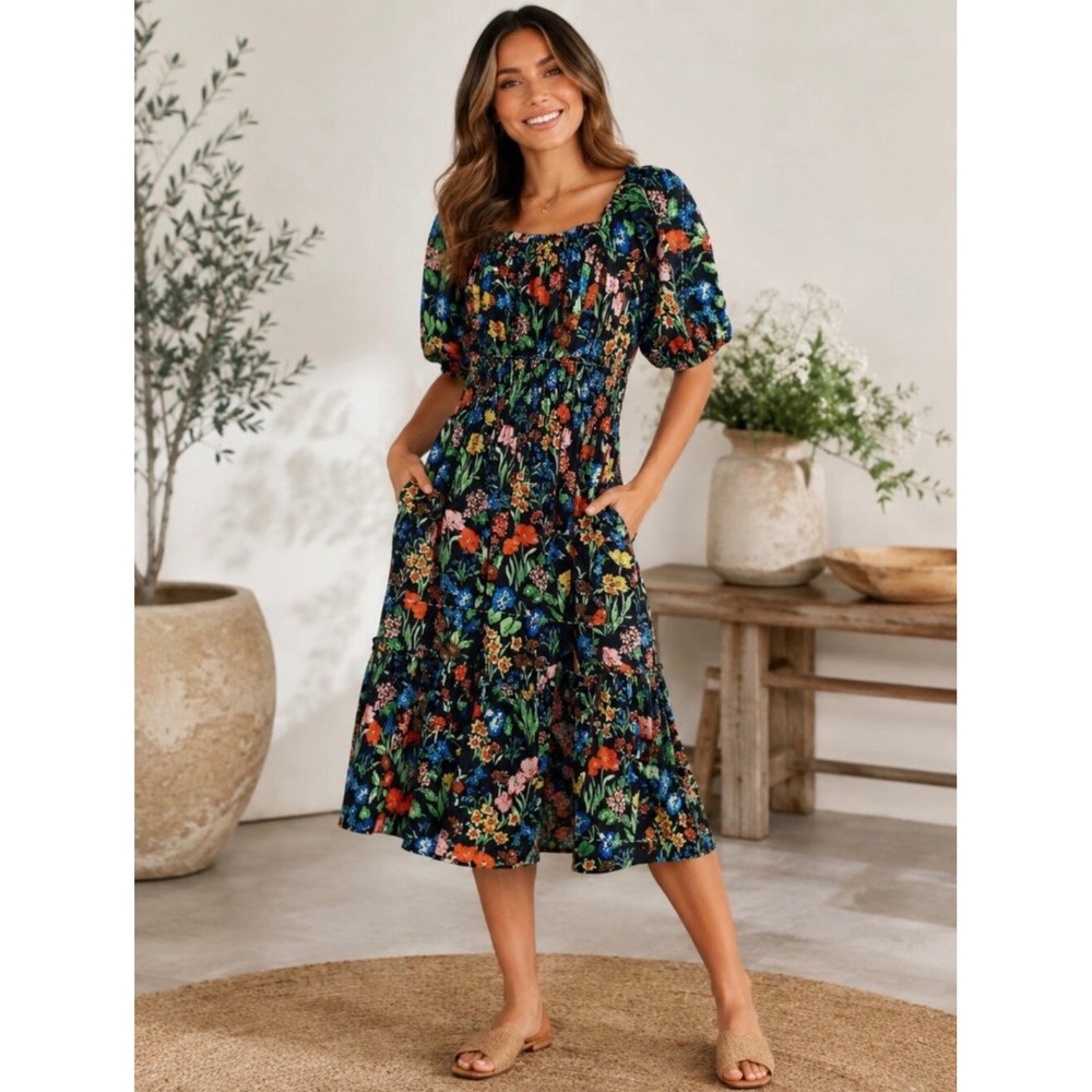 Cara Cara Eleanor Wildflower Floral Smocked Midi Dress Puff Sleeve Size S